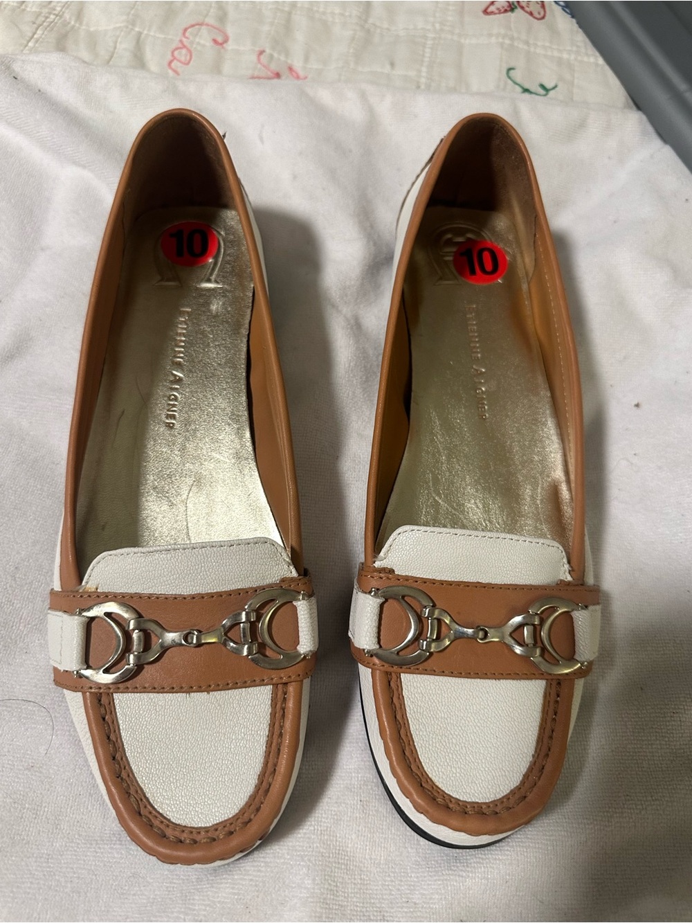 Etienne Aigner Tan and White Horsebit Loafers size 10
